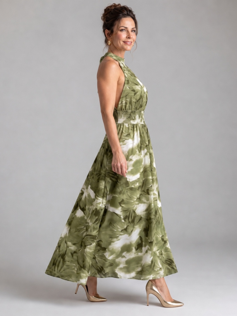 Olivia | Vestido midi con cintura fruncida y estampado abstracto