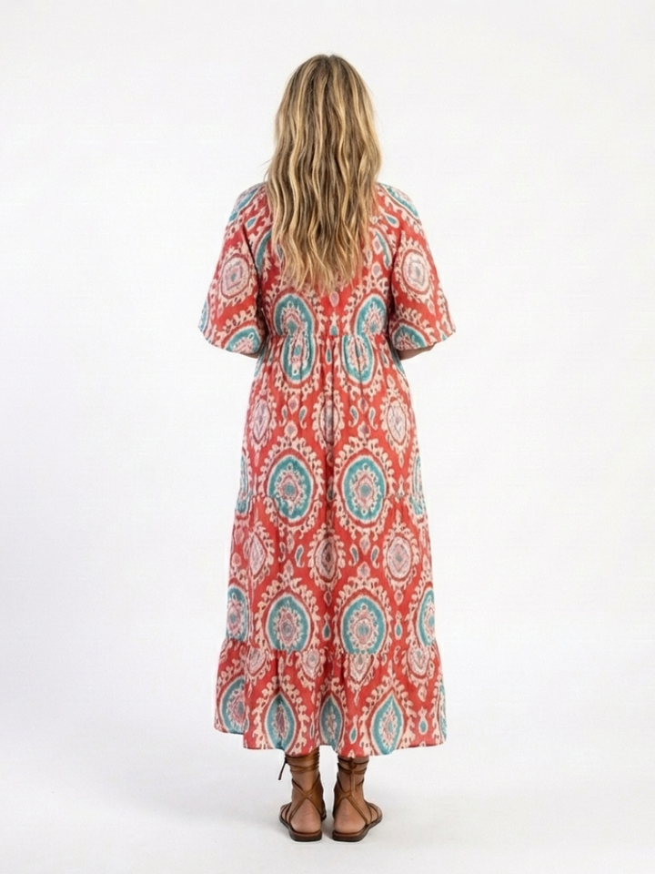 Zaria | Vestido midi con estampado paisley y escote en V con mangas cortas