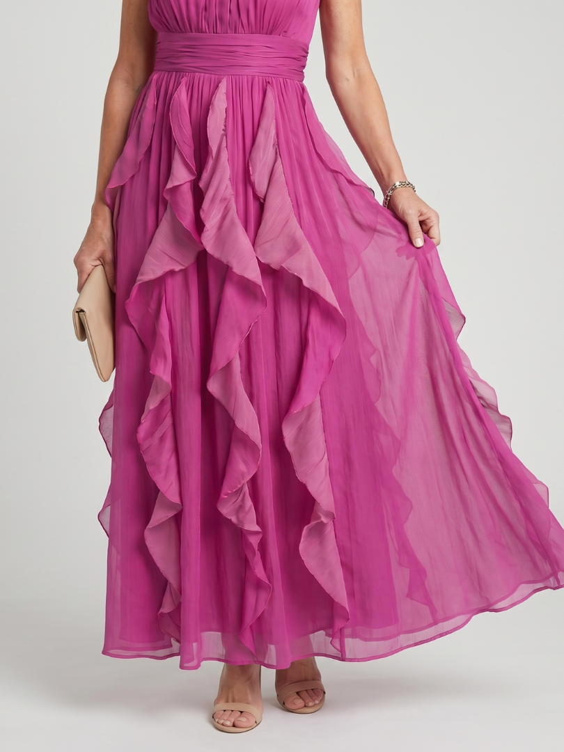 Orea | Vestido Maxi de Cuello Alto con Volantes Fruncidos