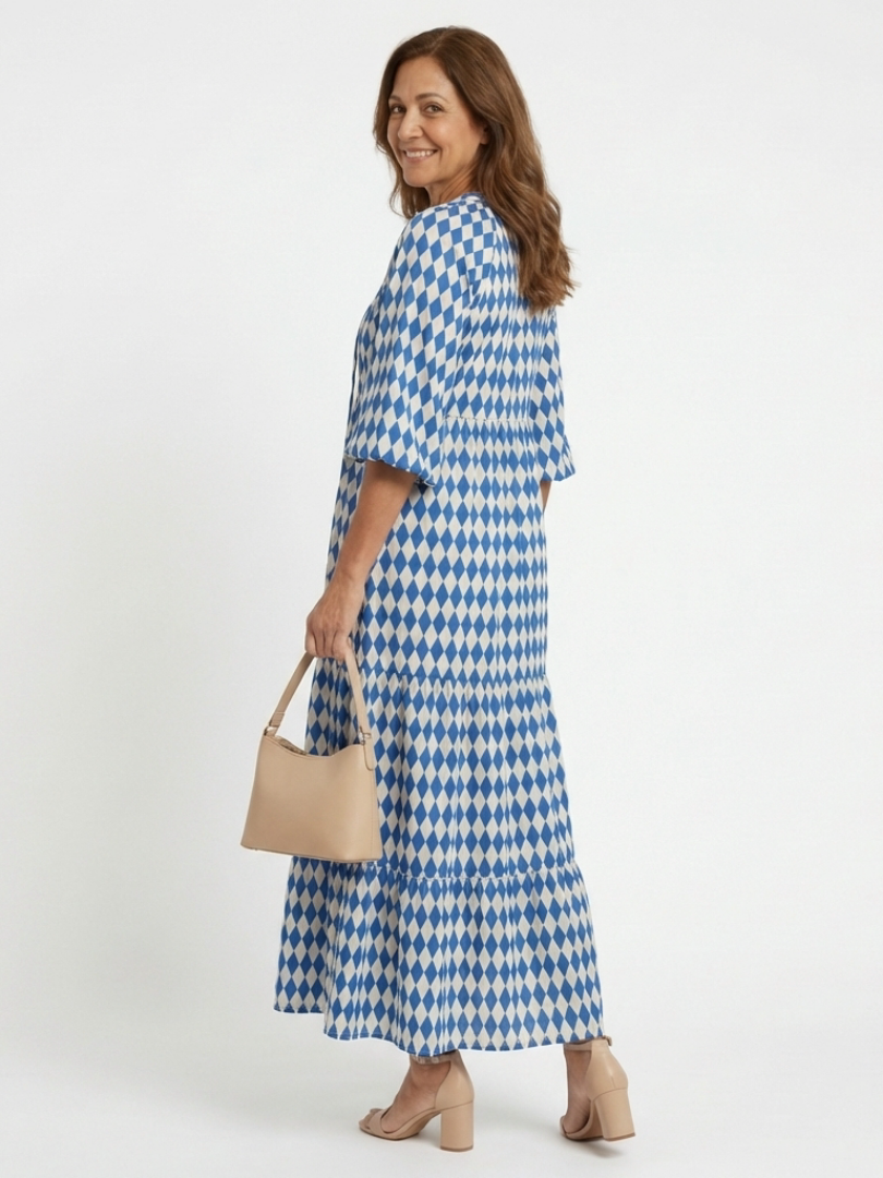Elodie | Vestido con estampado de diamantes y falda con volantes
