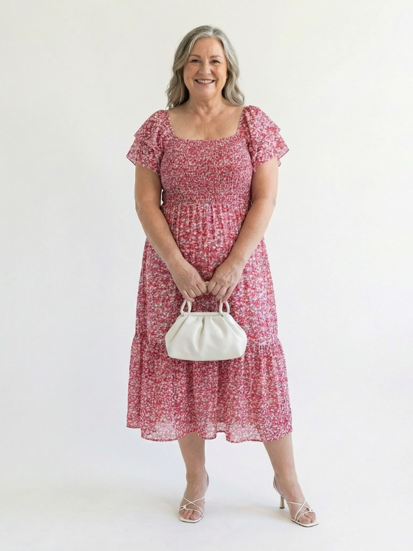 Odette | Vestido Midi Con Volantes y Hombros Descubiertos
