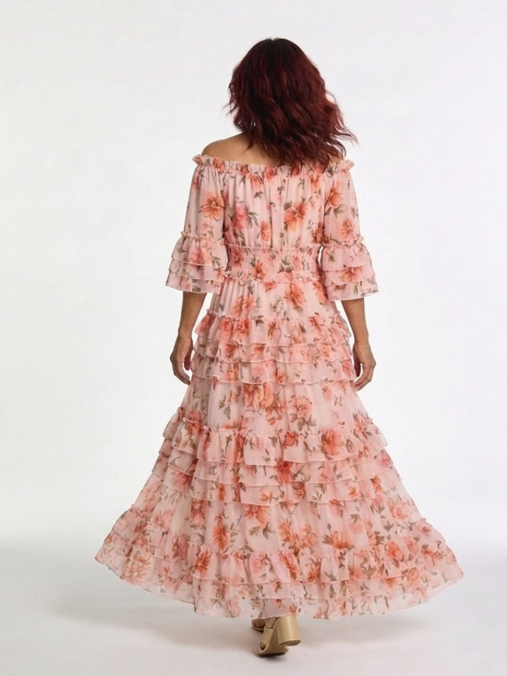Rosalie | Vestido Maxi con Volantes Florales y Hombros Descubiertos