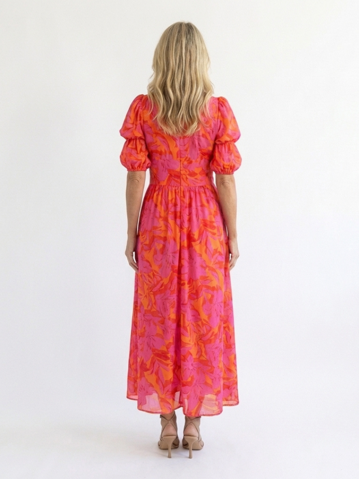 Saule | Robe midi à décolleté en V fleuri avec manches bouffantes