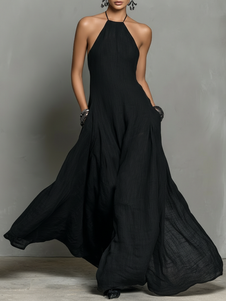 Vestido Maxi Sin Mangas de Mezcla de Lino Minimalista para Mujeres MDZ2210A0Y