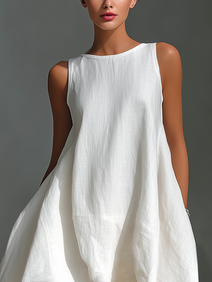 Ropa Midi Sin Mangas de Lino Blanco para Mujeres con Cuello Redondo y Dobladillo Asimétrico MDZ0987B9T