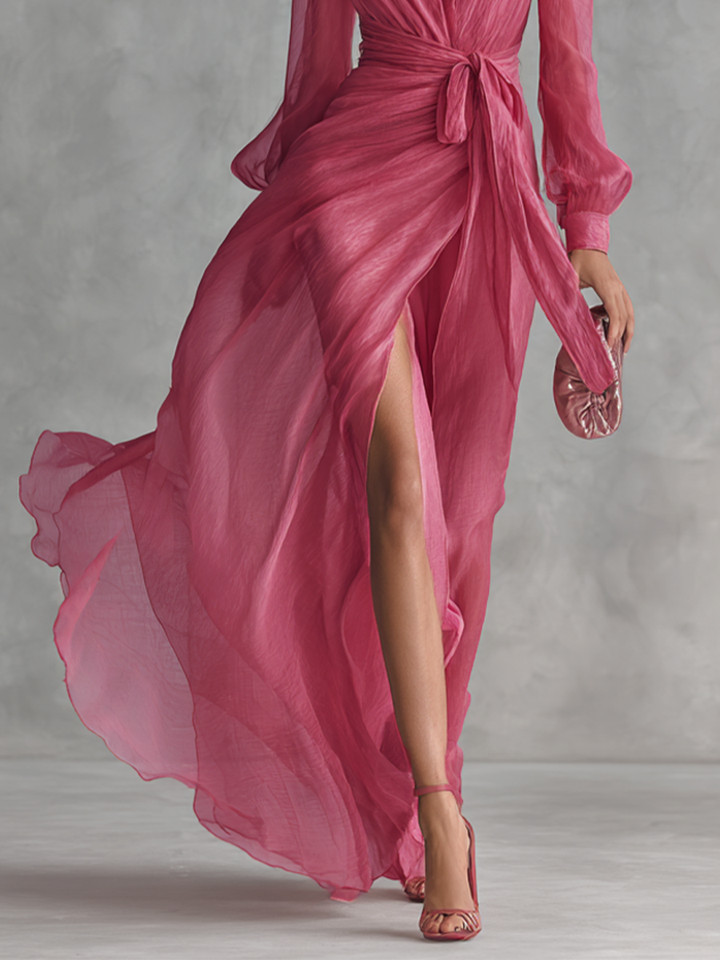 Ropa Larga Elegante de Chiffón Rosa con Perlas para Mujeres, Escote en V, Cintura Ceñida MDZ1925A7BA