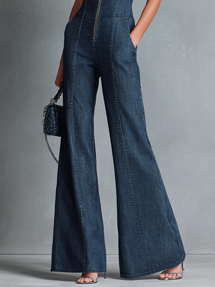 Mono Retro de Jean de Denim Azul Oscuro Sin Mangas con Cuello Alto y Pantalón Acampanado con Cierre MDZ1239B2BA