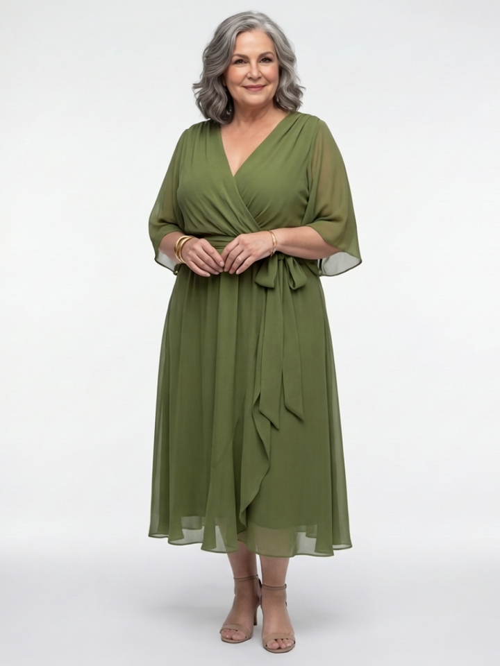 Elysia | Vestido midi drapeado con escote en V y cinturón en la cintura