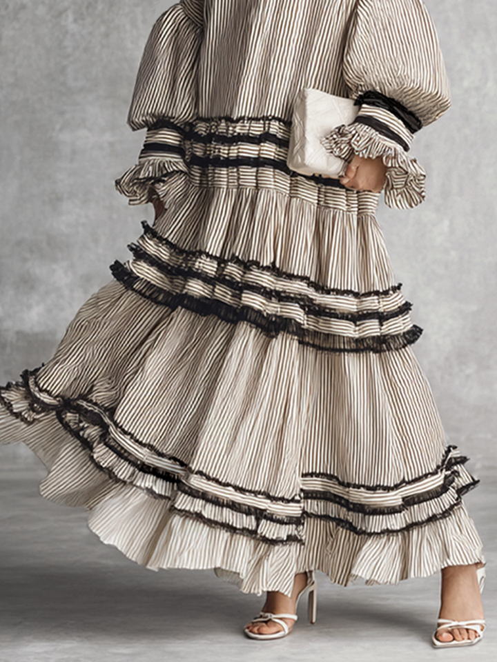 Vestido Maxi de Manga Larga en Mezcla de Algodón con Volantes a Rayas Boho para Mujeres MDZ1426B2BA
