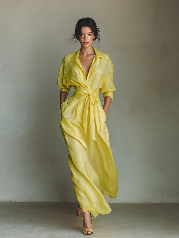 Ropa Maxi Camisa Mujer En Amarillo Limón Mezcla De Algodón Y Lino Con Cinturón Para Atar & Mangas Tres Cuartos MDZ2884A4T