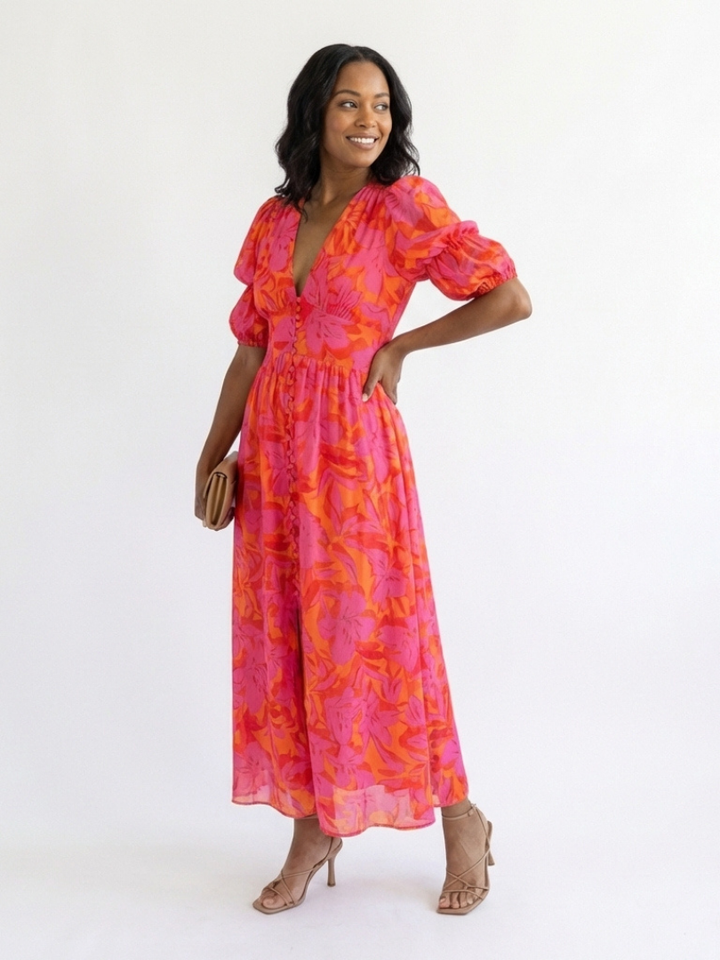 Saule | Robe midi à décolleté en V fleuri avec manches bouffantes
