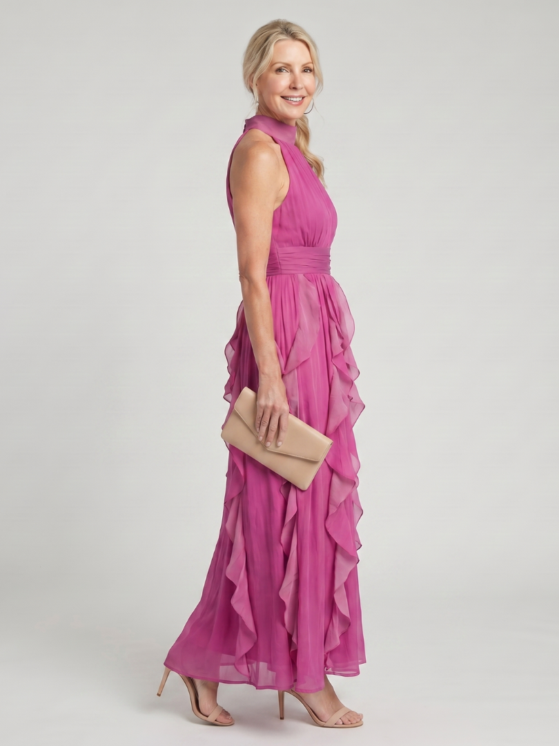 Orea | Vestido Maxi de Cuello Alto con Volantes Fruncidos