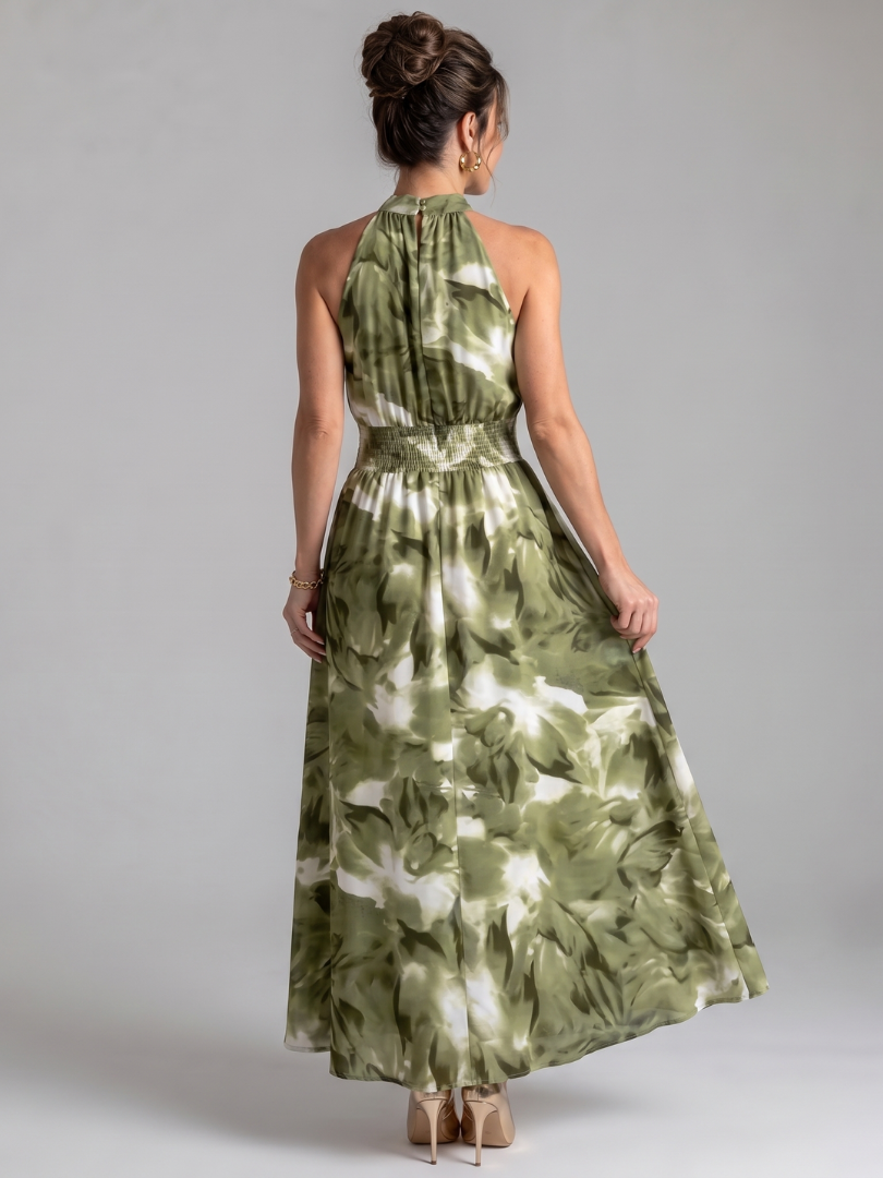 Olivia | Vestido midi con cintura fruncida y estampado abstracto