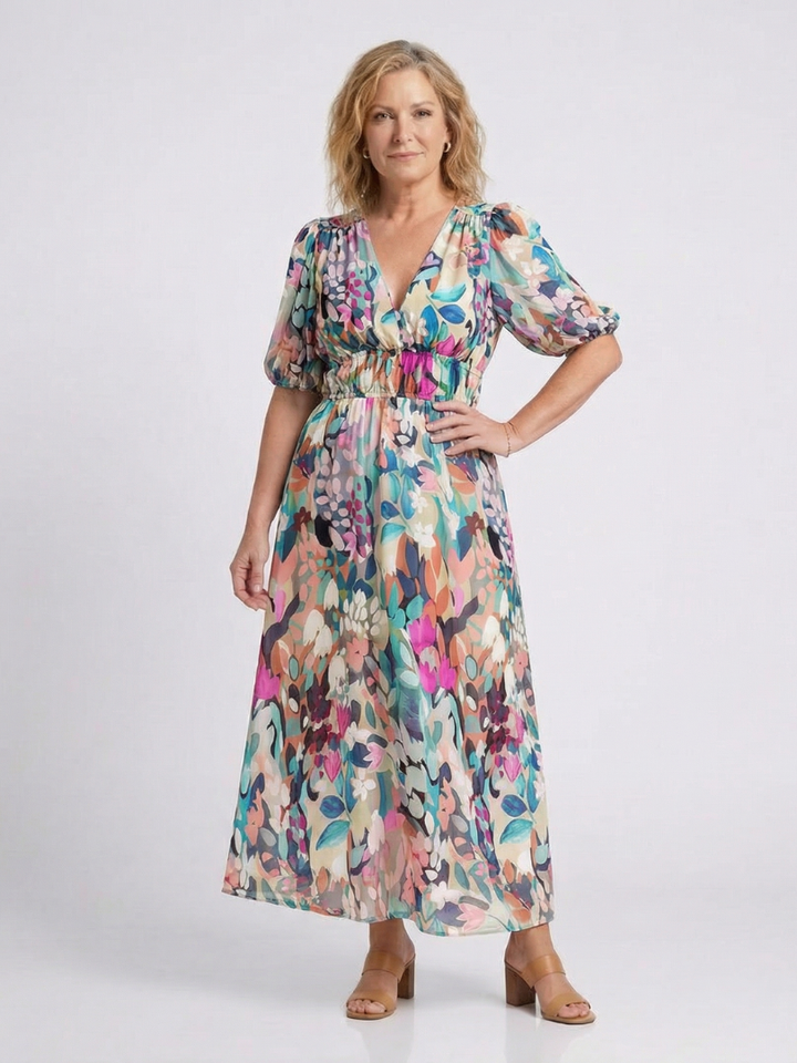 Eulalie | Vestido midi con escote en V y mangas cortas fruncidas en la cintura