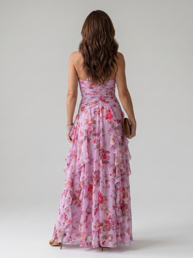 Nori | Vestido Maxi con Escote Halter y Corsé Fruncido Floral