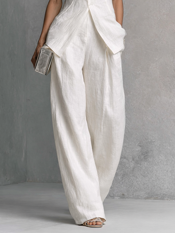 Conjunto de Top Sin Mangas y Pantalón Ancho de Algodón Lino Blanco Elegante para Mujeres MDZ0221B1BA