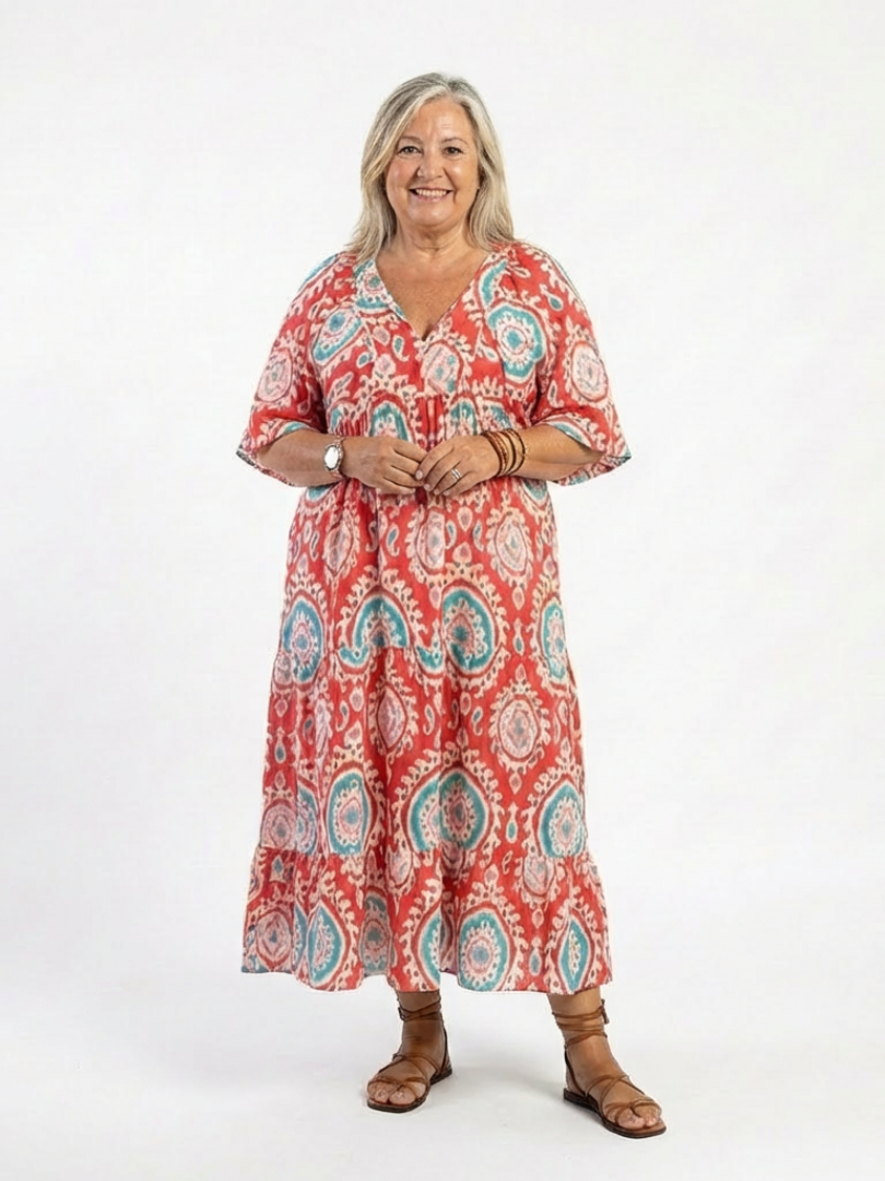 Zaria | Vestido midi con estampado paisley y escote en V con mangas cortas