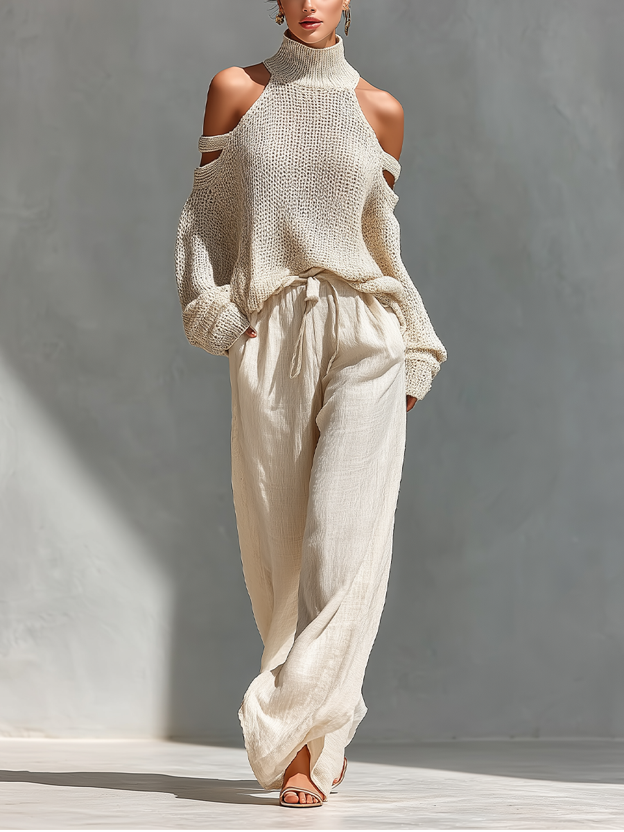 Suéter de Cuello Alto con Hombros Descubiertos de Algodón Tejido Beige para Mujeres & Conjunto de Pantalón Amplio MDZ0984A5T