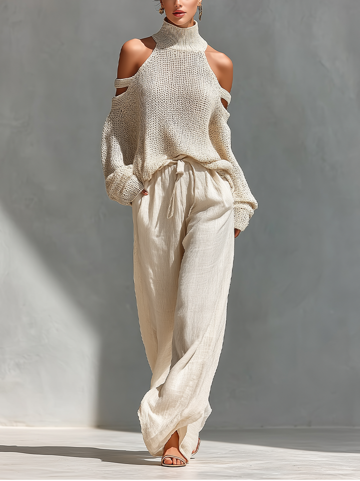 Suéter de Cuello Alto con Hombros Descubiertos de Algodón Tejido Beige para Mujeres & Conjunto de Pantalón Amplio MDZ0984A5T