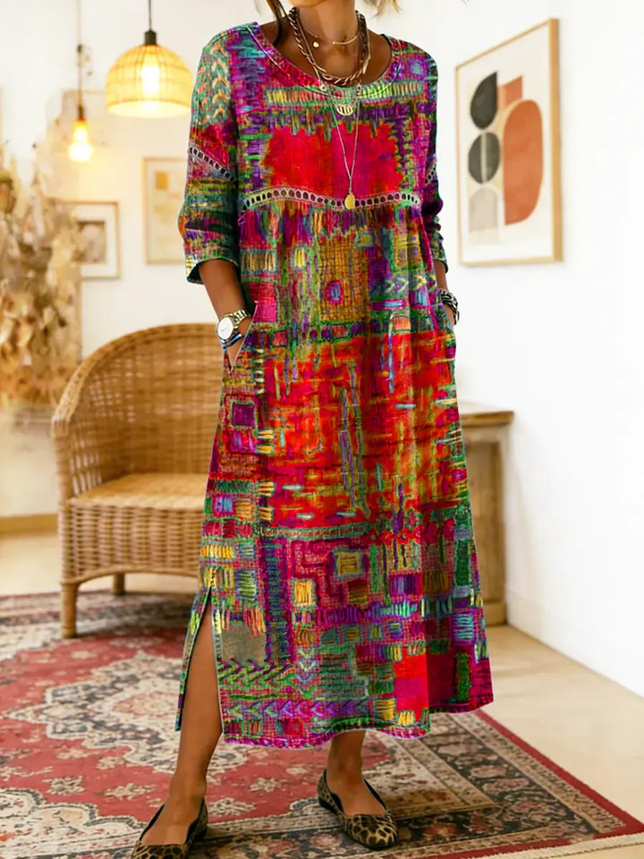 Manuela | Vestido de Denim con Patchwork Étnico