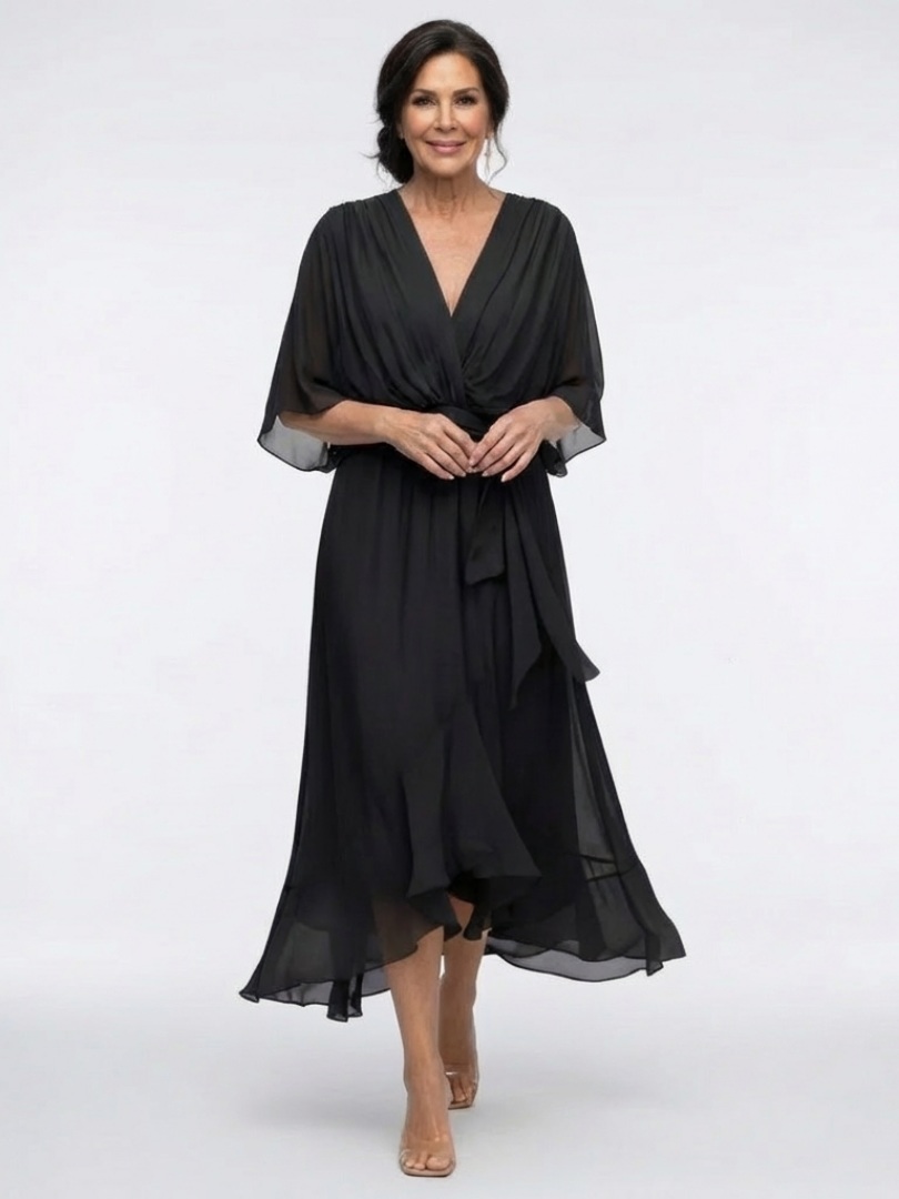Elysia | Vestido midi drapeado con escote en V y cinturón en la cintura
