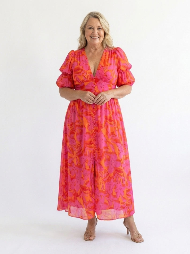 Saule | Robe midi à décolleté en V fleuri avec manches bouffantes