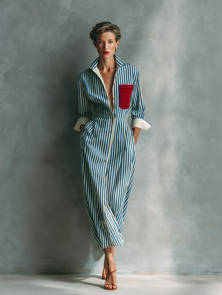 Vestido Camisero Rayado En Mezcla De Algodón Azul Y Blanco Para Mujeres Con Bolsillo Rojo MDZ1286C2T