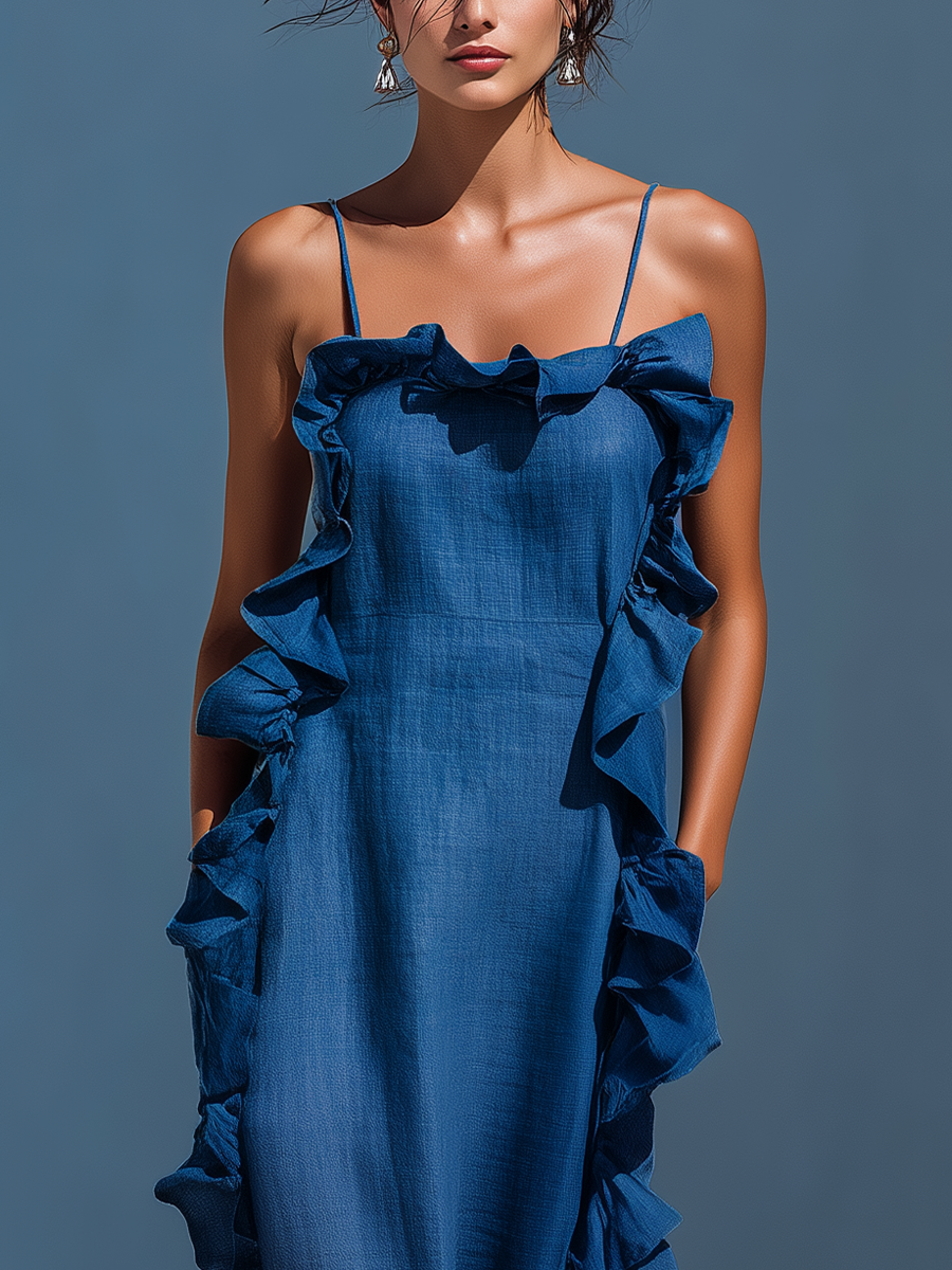 Ropa Maxi de Tirantes Espagueti en Mezcla de Lino Azul con Volantes para Mujeres MDZ2407D1T
