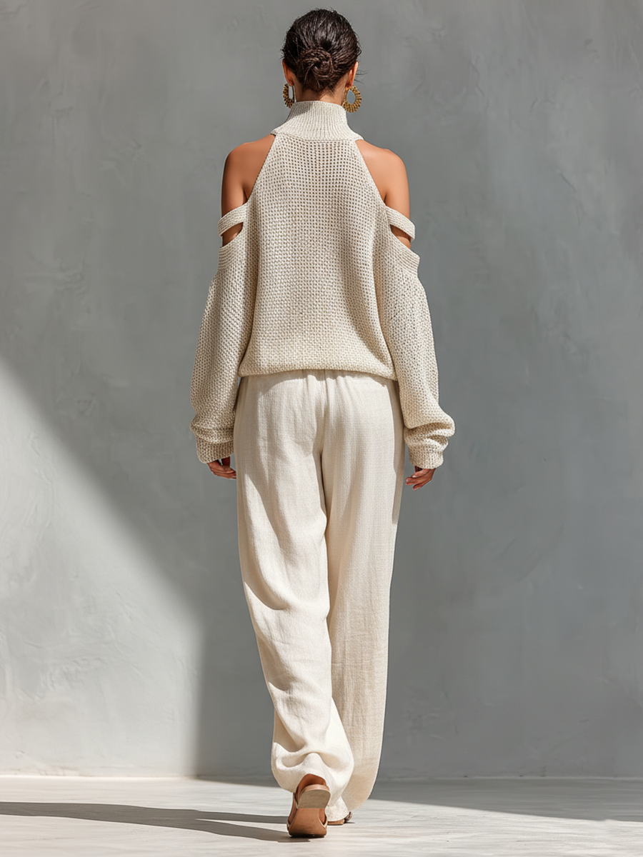 Suéter de Cuello Alto con Hombros Descubiertos de Algodón Tejido Beige para Mujeres & Conjunto de Pantalón Amplio MDZ0984A5T