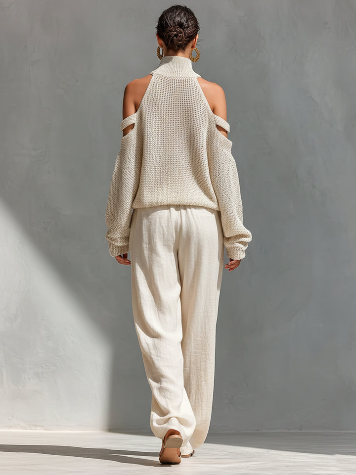 Suéter de Cuello Alto con Hombros Descubiertos de Algodón Tejido Beige para Mujeres & Conjunto de Pantalón Amplio MDZ0984A5T