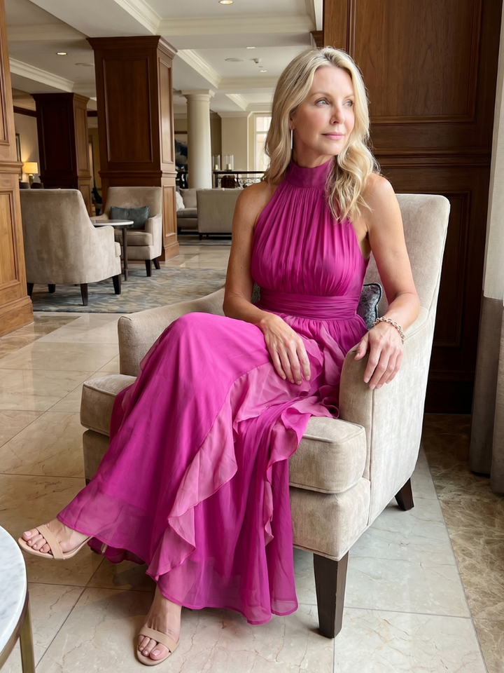 Orea | Vestido Maxi de Cuello Alto con Volantes Fruncidos