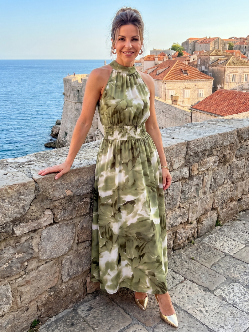 Olivia | Vestido midi con cintura fruncida y estampado abstracto