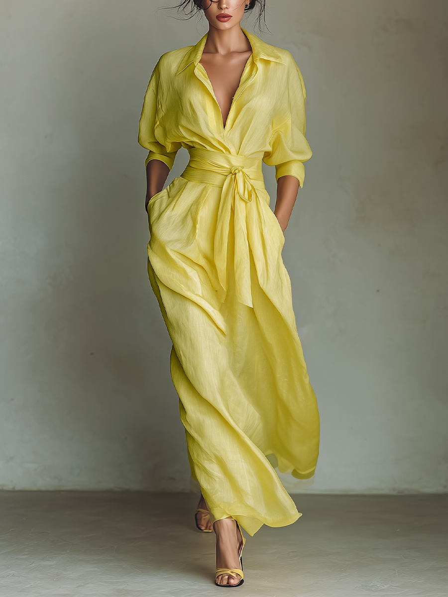 Ropa Maxi Camisa Mujer En Amarillo Limón Mezcla De Algodón Y Lino Con Cinturón Para Atar & Mangas Tres Cuartos MDZ2884A4T