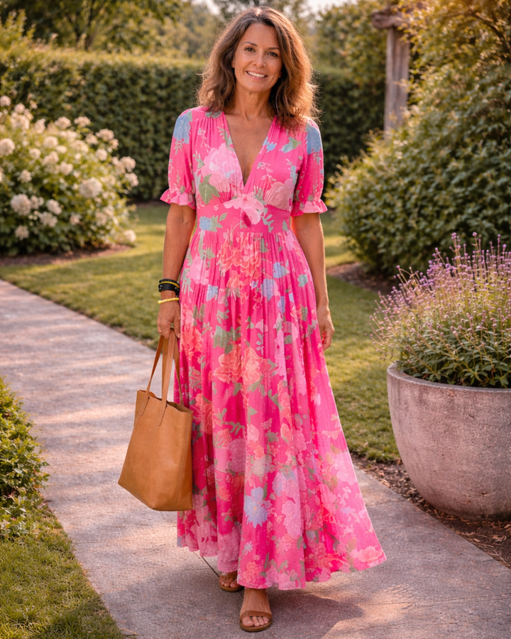 Ione | Vestido midi de flores sin mangas con escote en V