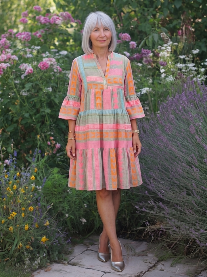 Maelle | Vestido con escote en V y estampado geométrico, largo hasta la rodilla