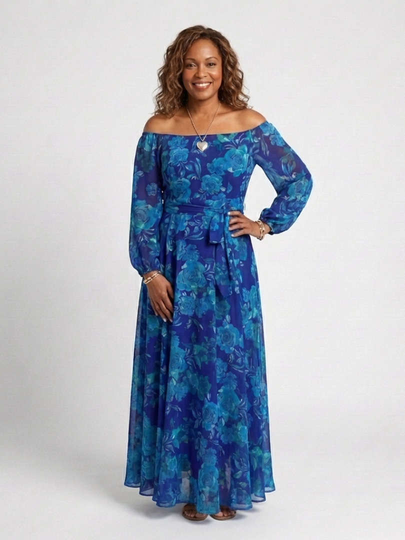 Aspen | Vestido Maxi de Hombros Descubiertos con Flores