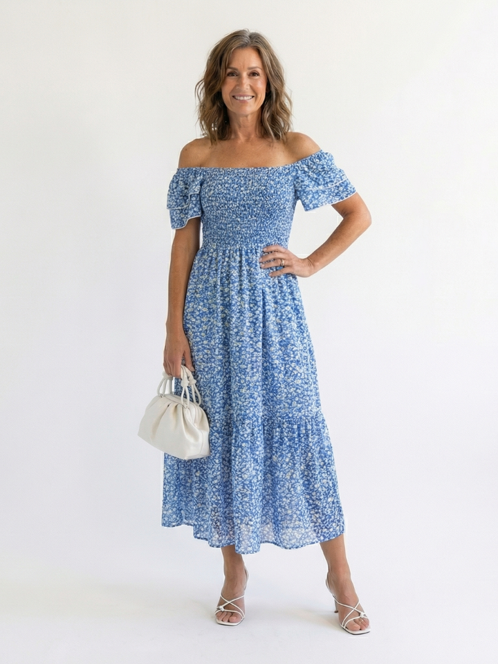 Odette | Vestido Midi Con Volantes y Hombros Descubiertos