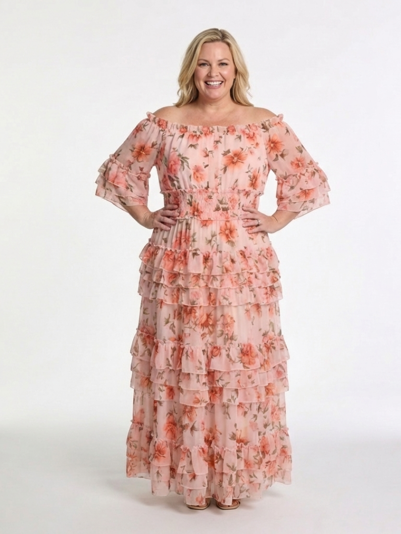 Rosalie | Vestido Maxi con Volantes Florales y Hombros Descubiertos