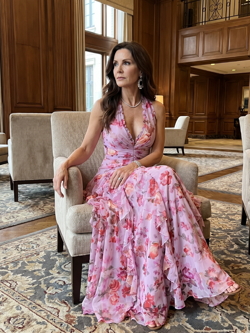 Nori | Vestido Maxi con Escote Halter y Corsé Fruncido Floral