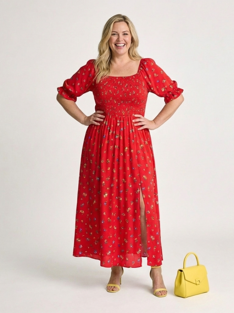 Delphine | Vestido midi con escote cuadrado y estampado floral
