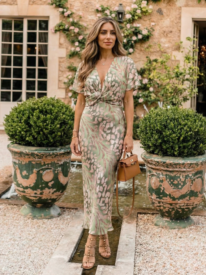 Coralie | Impresión abstracta Vestido midi con escote en V y cintura entallada