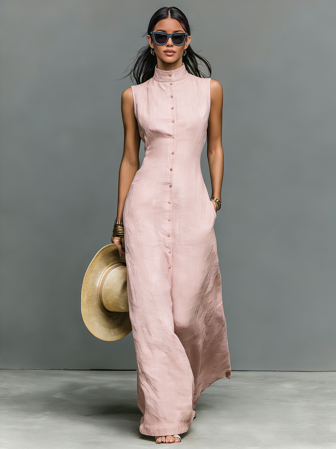 Vestido Maxi Sin Mangas de Mezcla de Lino Minimalista para Mujeres con Cuello Alto y Botonadura Única MDZ1049C1Y