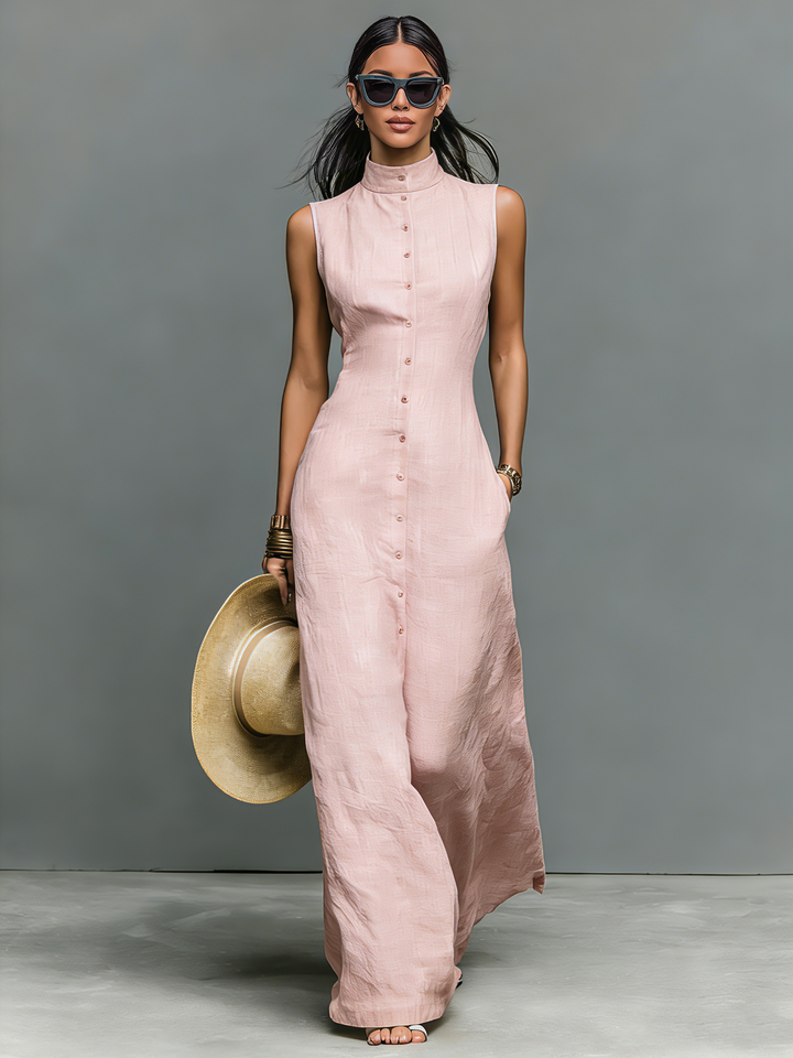 Vestido Maxi Sin Mangas de Mezcla de Lino Minimalista para Mujeres con Cuello Alto y Botonadura Única MDZ1049C1Y