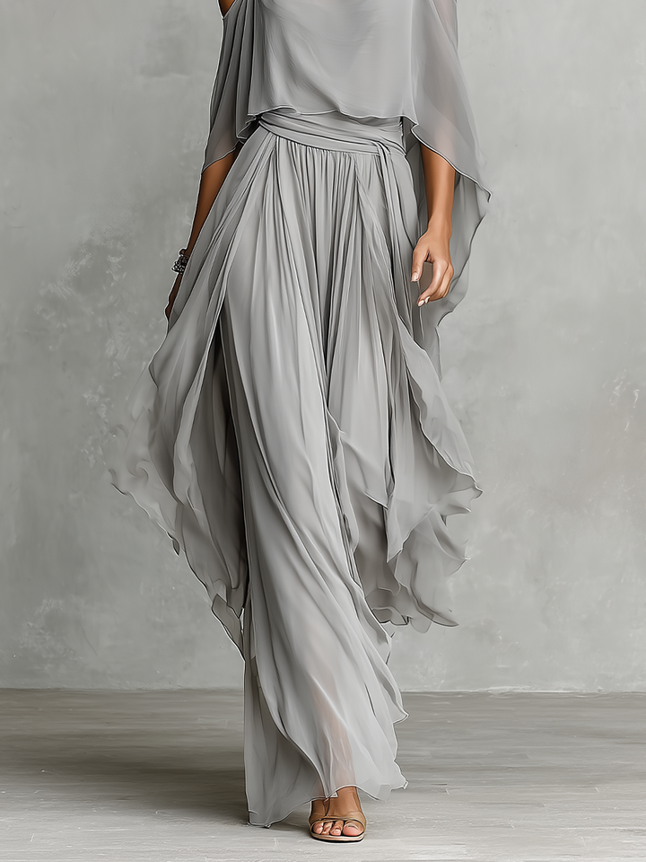Conjunto de Chifón Transpirable Gris para Mujeres con Detalle de Hombro Descubierto & Silueta Acampanada, Estilo Femenino Lujo Contemporáneo MDZ2651B6I
