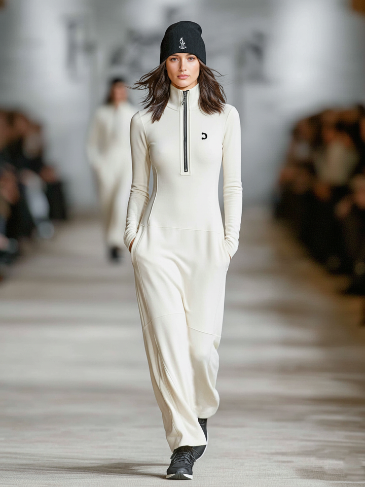 Robe Maxi Sport Femme en Mélange de Coton à Col Mi-Long et Fermeture Éclair MDA3197G9Y