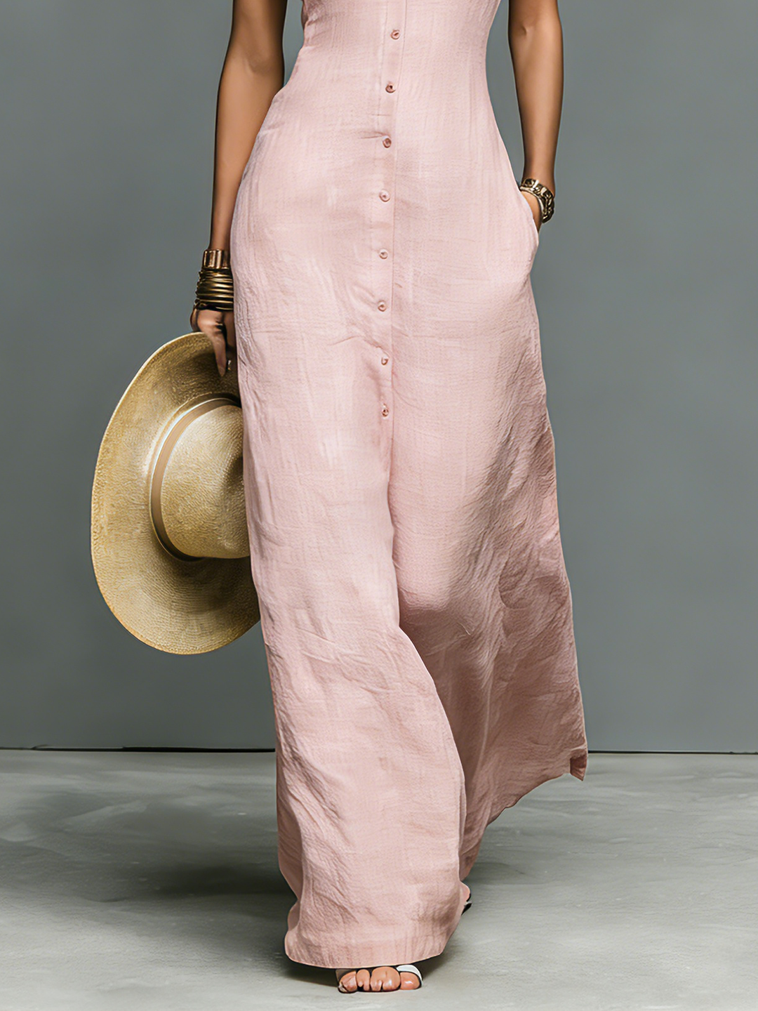Vestido Maxi Sin Mangas de Mezcla de Lino Minimalista para Mujeres con Cuello Alto y Botonadura Única MDZ1049C1Y