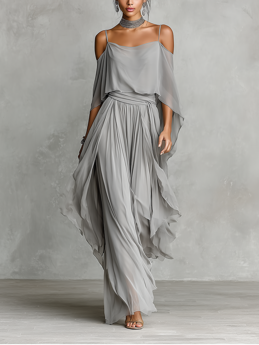 Conjunto de Chifón Transpirable Gris para Mujeres con Detalle de Hombro Descubierto & Silueta Acampanada, Estilo Femenino Lujo Contemporáneo MDZ2651B6I
