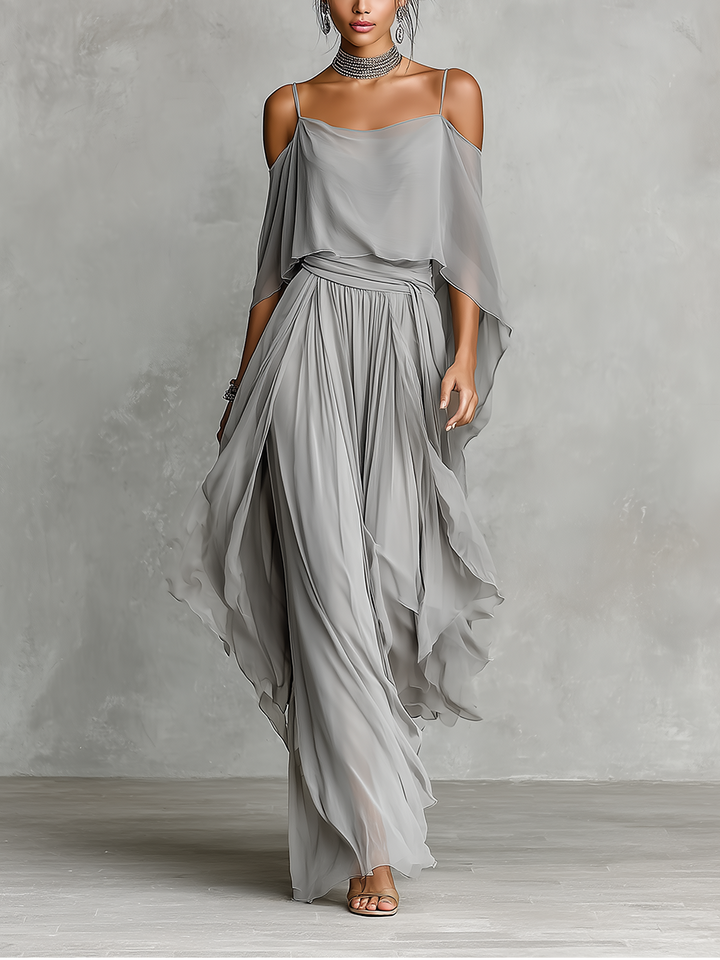 Conjunto de Chifón Transpirable Gris para Mujeres con Detalle de Hombro Descubierto & Silueta Acampanada, Estilo Femenino Lujo Contemporáneo MDZ2651B6I