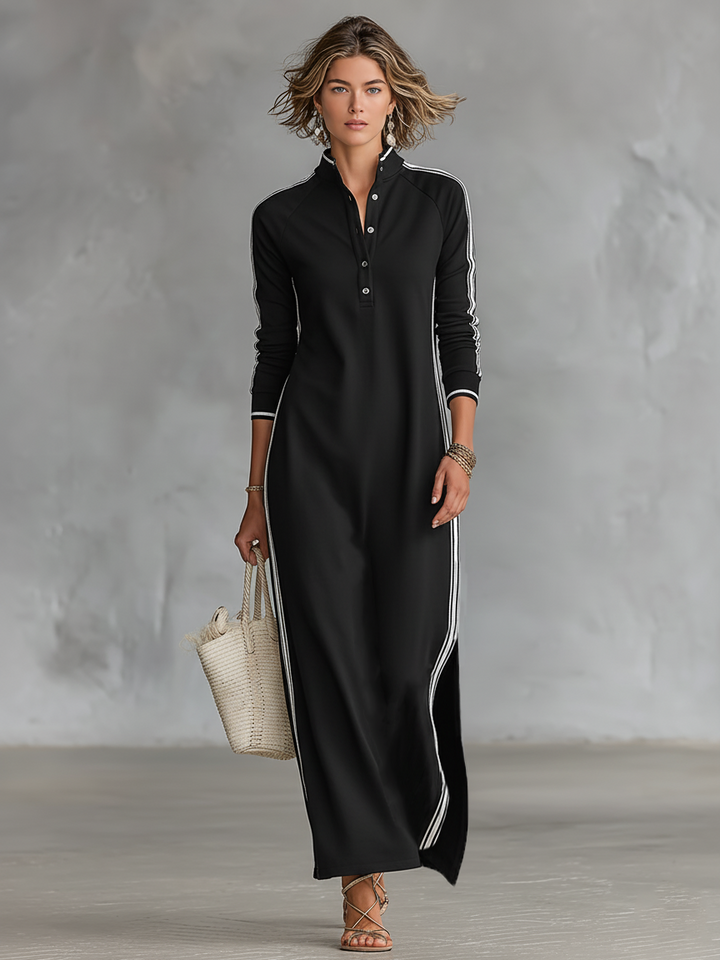 Vestido Maxi Sudadera Minimalista para Mujeres con Bordes Blancos y Botones MDA0958L0Y