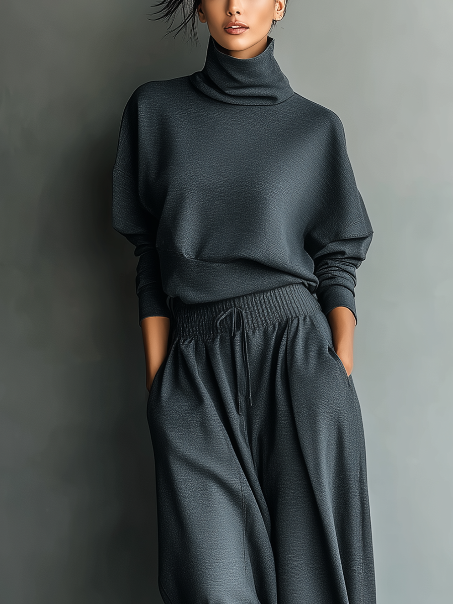 Conjunto de Top Oversized con Cuello Alto en Carbón y Pantalón Amplio para Mujeres MDA2435L7T